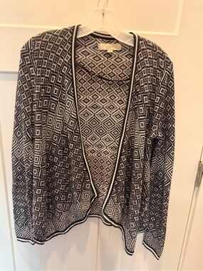 LOFT Medium Black Ivory Geometric Open Front Waterfall Cardigan